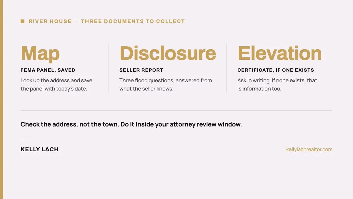 Three documents for a river-corridor house: the flood map, the seller disclosure and the elevation certificate