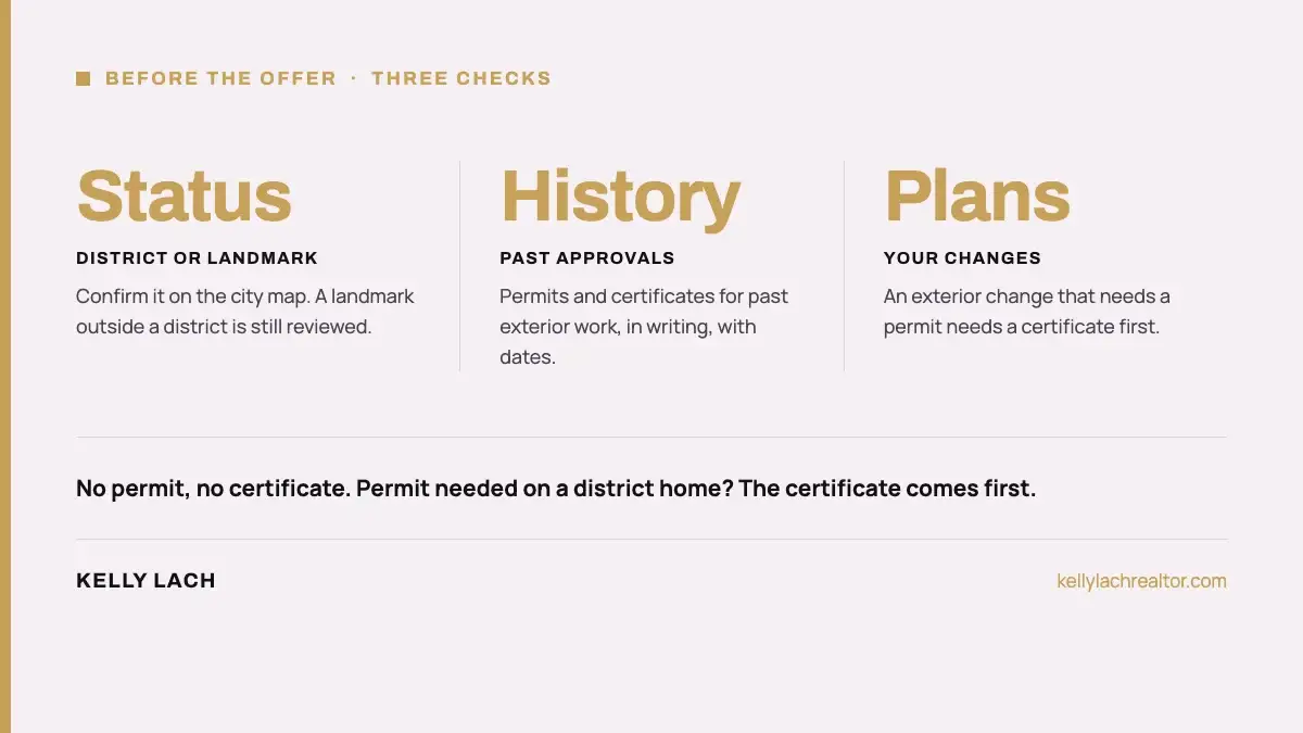 Three checks before an offer on a St. Charles historic home: district or landmark status, past approvals, and your own plans